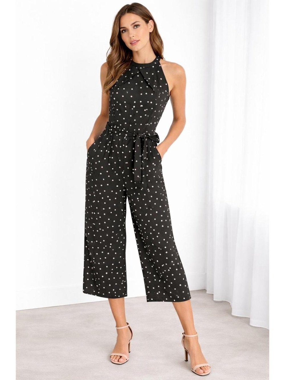 Like NEW! Banana Republic Black Polka Dot Halter Tie-Waist Cropped Jumpsuit